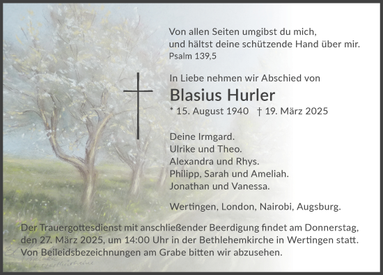 Traueranzeige von Blasius Hurler von Wertinger Zeitung