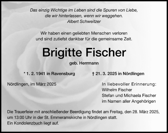 Traueranzeige von Brigitte Fischer von Rieser Nachrichten