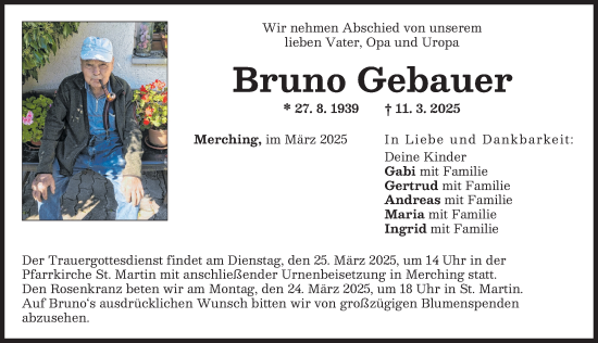 Traueranzeige von Bruno Gebauer von Friedberger Allgemeine