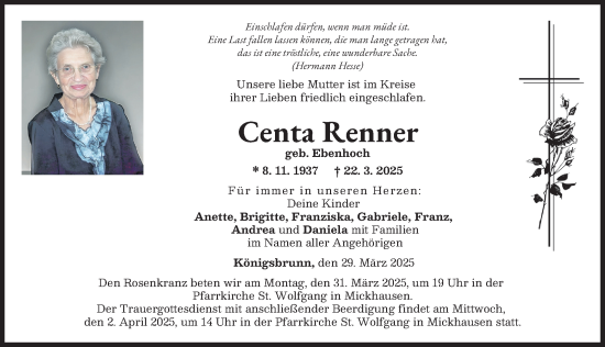 Traueranzeige von Centa Renner von Mindelheimer Zeitung, Augsburger Allgemeine