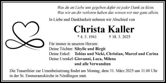 Traueranzeige von Christa Kaller von Rieser Nachrichten