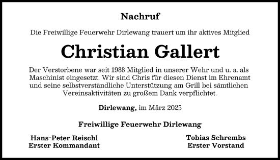 Traueranzeige von Christian Gallert von Mindelheimer Zeitung