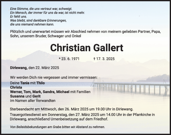 Traueranzeige von Christian Gallert von Mindelheimer Zeitung