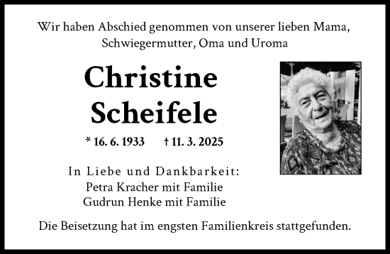 Traueranzeige von Christine Scheifele von Landsberger Tagblatt