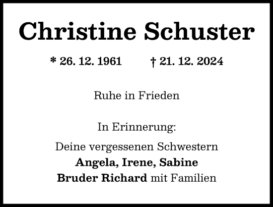 Traueranzeige von Christine Schuster von Mittelschwäbische Nachrichten