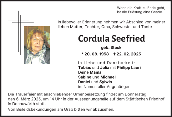 Traueranzeige von Cordula Seefried von Donauwörther Zeitung