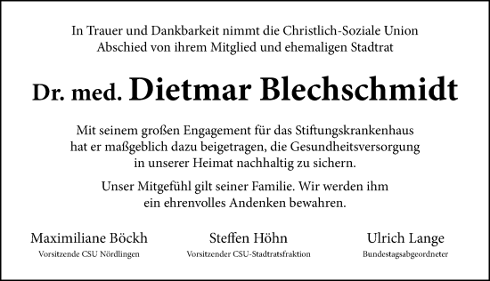 Traueranzeige von Dietmar Blechschmidt von Rieser Nachrichten
