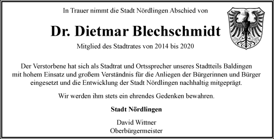Traueranzeige von Dietmar Blechschmidt von Rieser Nachrichten