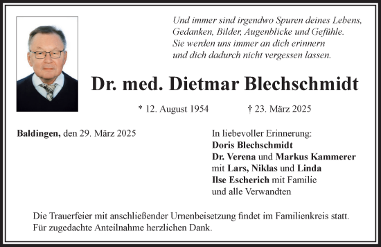 Traueranzeige von Dietmar Blechschmidt von Rieser Nachrichten