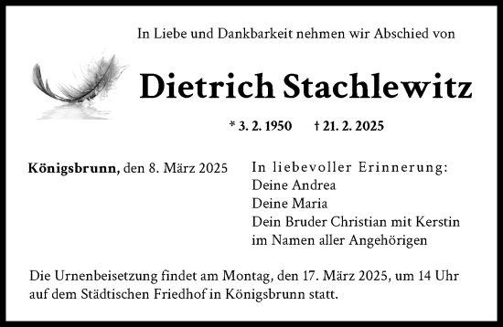 Traueranzeige von Dietrich Stachlewitz von Augsburger Allgemeine