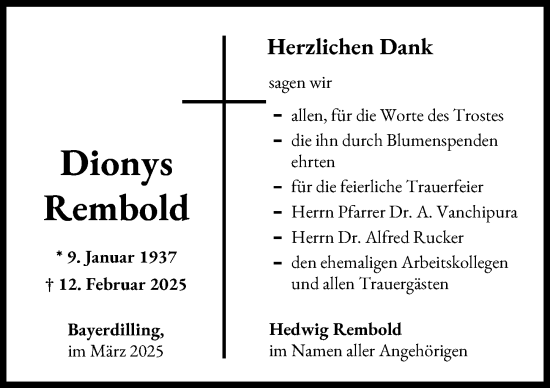 Traueranzeige von Dionys Rembold von Donauwörther Zeitung