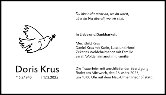 Traueranzeige von Doris Krus von Augsburger Allgemeine, Neu-Ulmer Zeitung