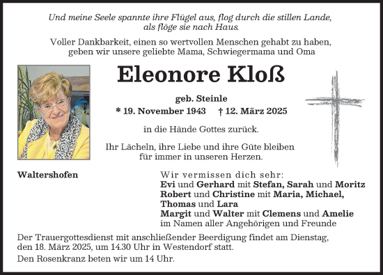 Traueranzeige von Eleonore Kloß von Augsburg-Land
