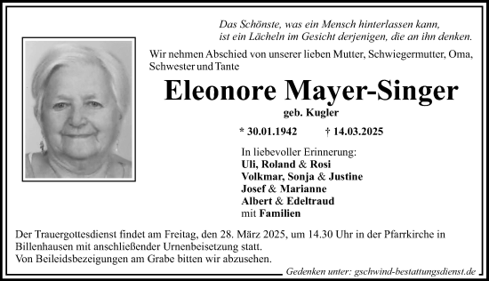 Traueranzeige von Eleonore Mayer-Singer von Mittelschwäbische Nachrichten