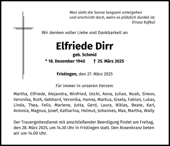Traueranzeige von Elfriede Dirr von Donau Zeitung