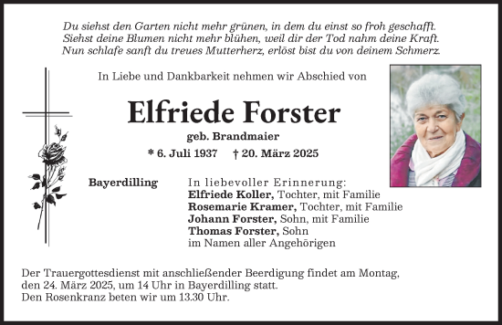 Traueranzeige von Elfriede Forster von Donauwörther Zeitung