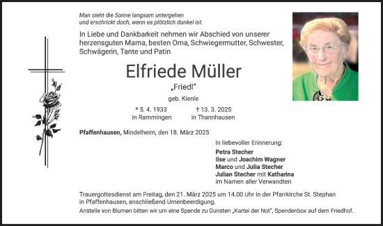 Traueranzeige von Elfriede Müller von Mindelheimer Zeitung