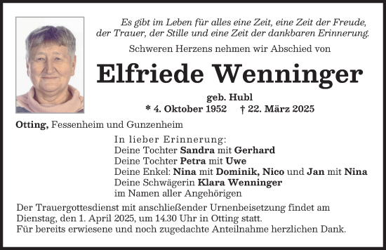 Traueranzeige von Elfriede Wenninger von Donauwörther Zeitung
