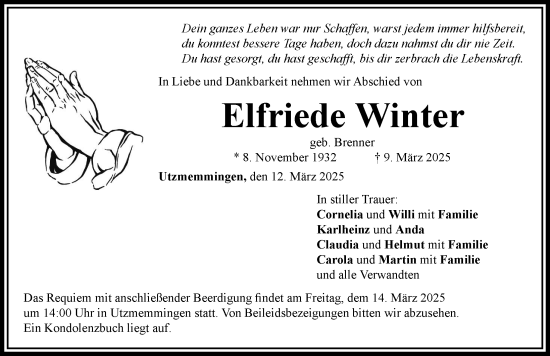 Traueranzeige von Elfriede Winter von Rieser Nachrichten