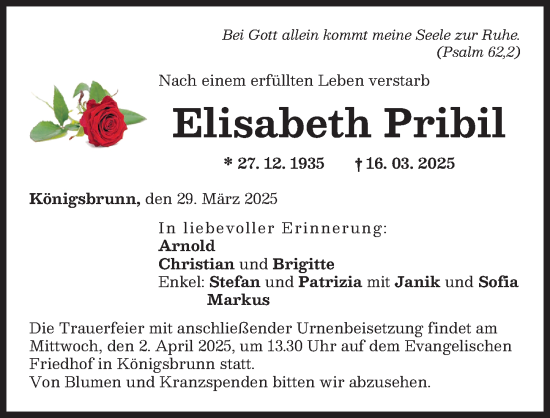 Traueranzeige von Elisabeth Pribil von Friedberger Allgemeine