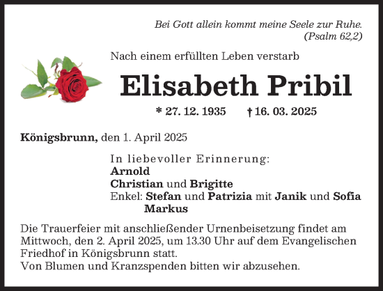 Traueranzeige von Elisabeth Pribil von Schwabmünchner Allgemeine