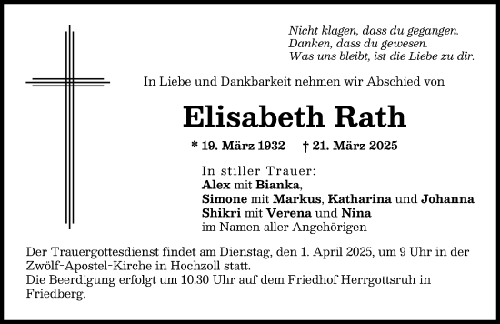 Traueranzeige von Elisabeth Rath von Friedberger Allgemeine