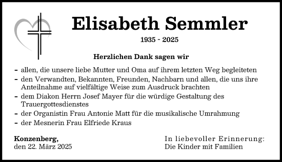 Traueranzeige von Elisabeth Semmler von Günzburger Zeitung