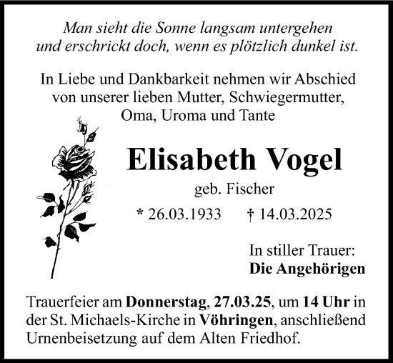 Traueranzeige von Elisabeth Vogel von Neu-Ulmer Zeitung, Illertisser Zeitung