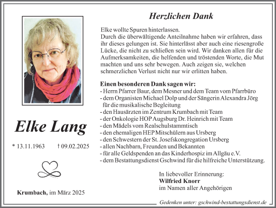 Traueranzeige von Elke Lang von Mittelschwäbische Nachrichten