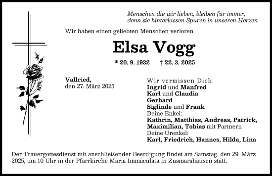 Traueranzeige von Elsa Vogg von Augsburg-Land