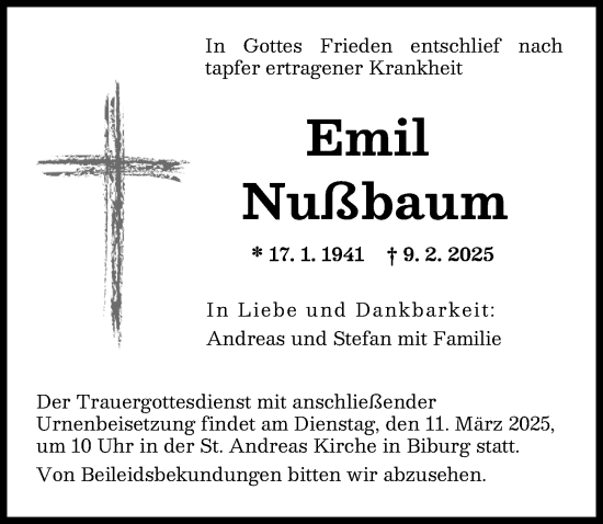 Traueranzeige von Emil Nußbaum von Augsburg-Land