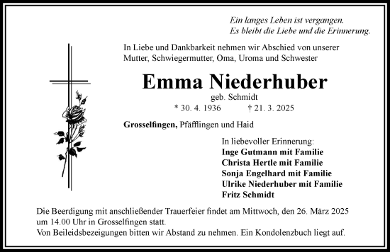 Traueranzeige von Emma Niederhuber von Rieser Nachrichten