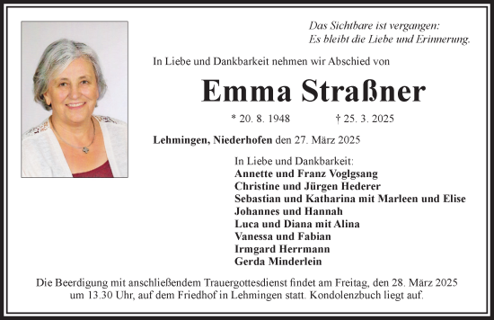 Traueranzeige von Emma Straßner von Rieser Nachrichten