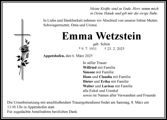 Traueranzeige von Emma Wetzstein von Rieser Nachrichten