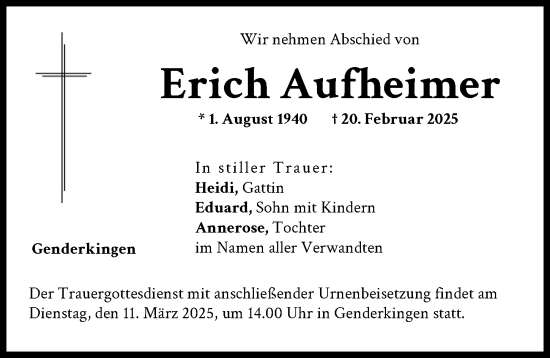 Traueranzeige von Erich Aufheimer von Donauwörther Zeitung