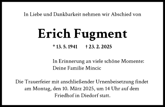 Traueranzeige von Erich Fugment von Augsburg-Land