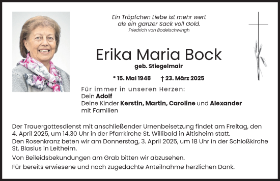 Traueranzeige von Erika Maria Bock von Donauwörther Zeitung