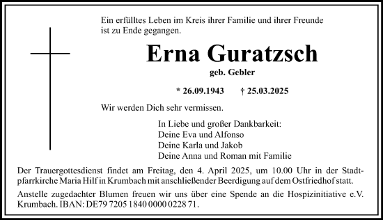 Traueranzeige von Erna Guratzsch von Mittelschwäbische Nachrichten