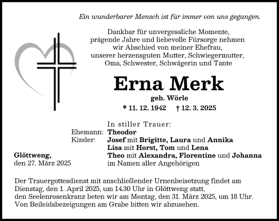 Traueranzeige von Erna Merk von Günzburger Zeitung