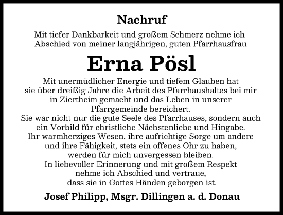 Traueranzeige von Erna Pösl von Donau Zeitung