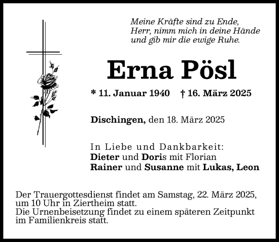 Traueranzeige von Erna Pösl von Donau Zeitung