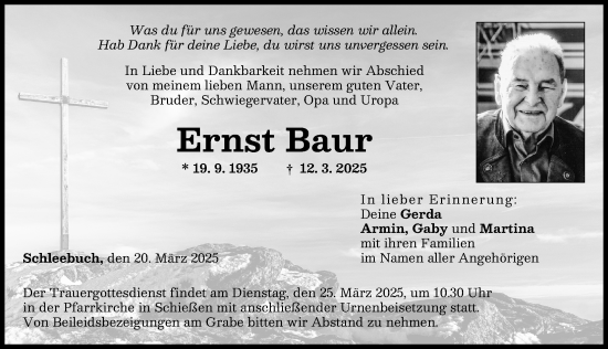 Traueranzeige von Ernst Baur von Neu-Ulmer Zeitung