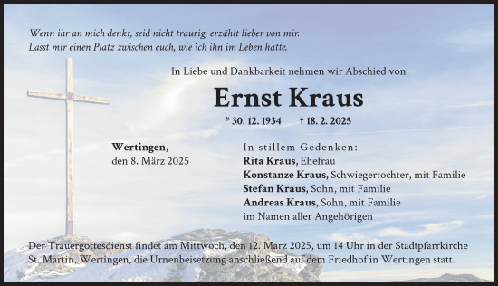 Traueranzeige von Ernst Kraus von Wertinger Zeitung
