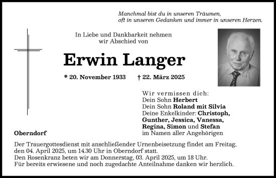 Traueranzeige von Erwin Langer von Donauwörther Zeitung