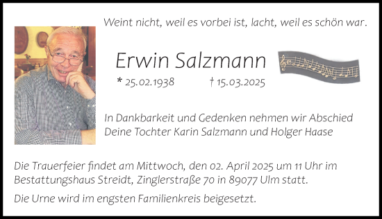 Traueranzeige von Erwin Salzmann von Augsburger Allgemeine, Neu-Ulmer Zeitung