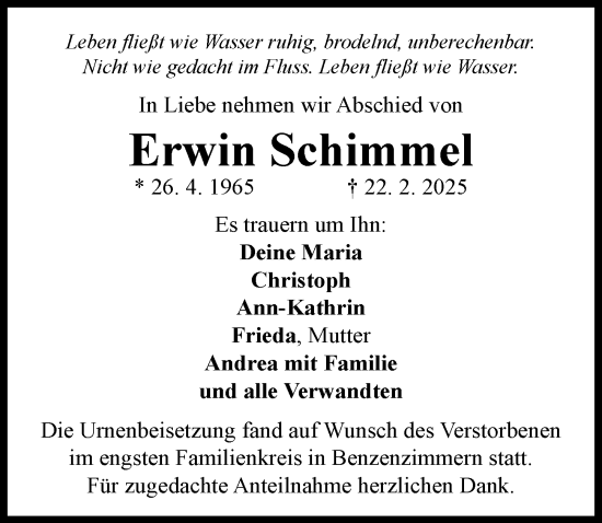 Traueranzeige von Erwin Schimmel von Rieser Nachrichten