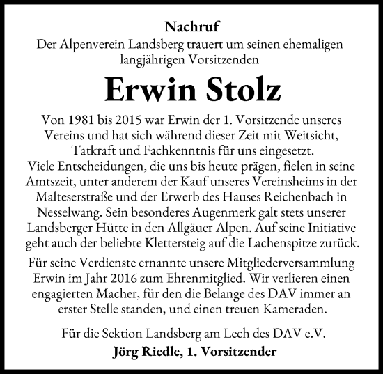 Traueranzeige von Erwin Stolz von Landsberger Tagblatt