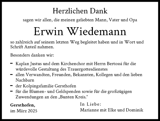 Traueranzeige von Erwin Wiedemann von Augsburger Allgemeine