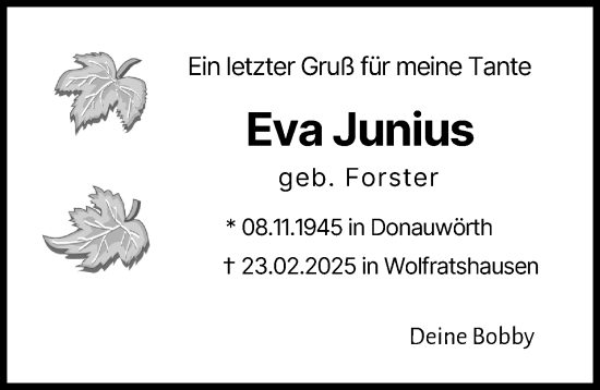 Traueranzeige von Eva Junius von Donauwörther Zeitung