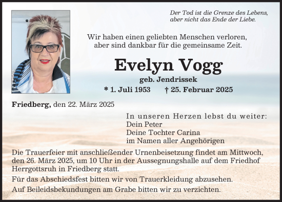Traueranzeige von Evelyn Vogg von Friedberger Allgemeine, Augsburger Allgemeine